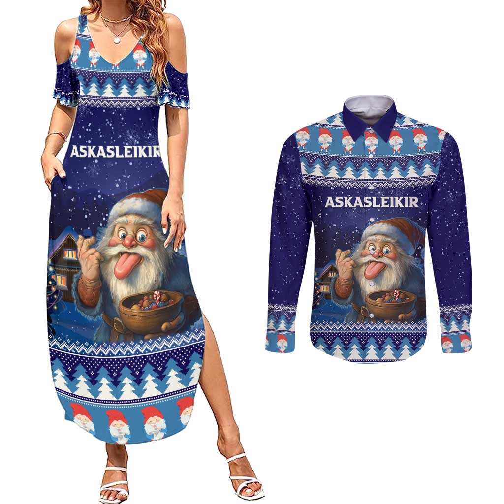 Iceland Christmas Askasleikir Couples Matching Summer Maxi Dress and Long Sleeve Button Shirt The Yule Lads Bowl Licker - Wonder Print Shop