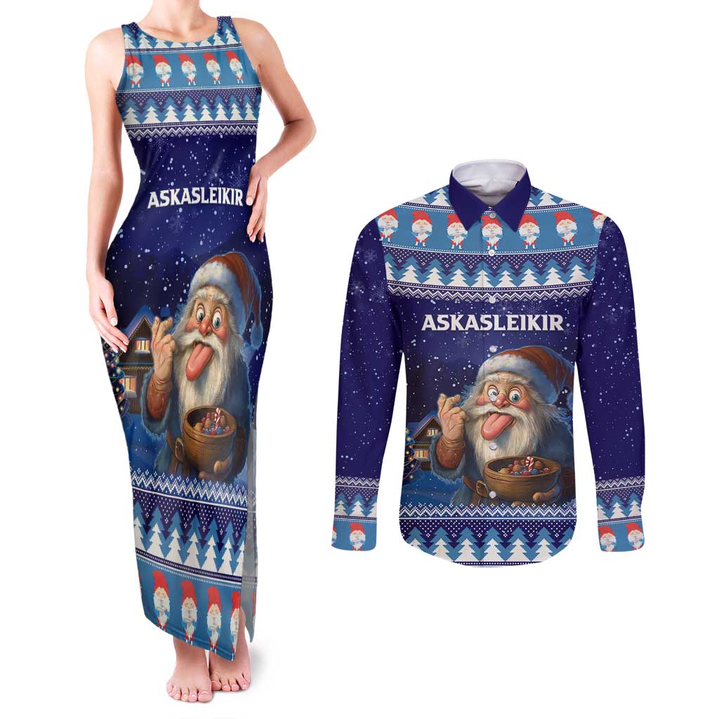 Iceland Christmas Askasleikir Couples Matching Tank Maxi Dress and Long Sleeve Button Shirt The Yule Lads Bowl Licker - Wonder Print Shop