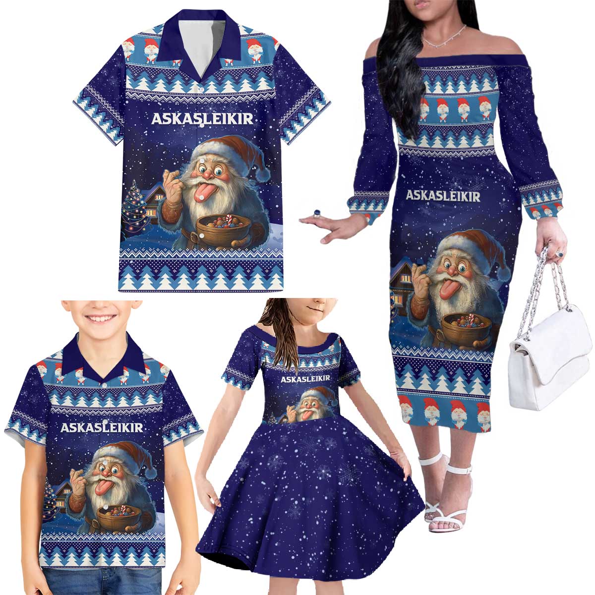 Iceland Christmas Askasleikir Family Matching Off The Shoulder Long Sleeve Dress and Hawaiian Shirt The Yule Lads Bowl Licker - Wonder Print Shop