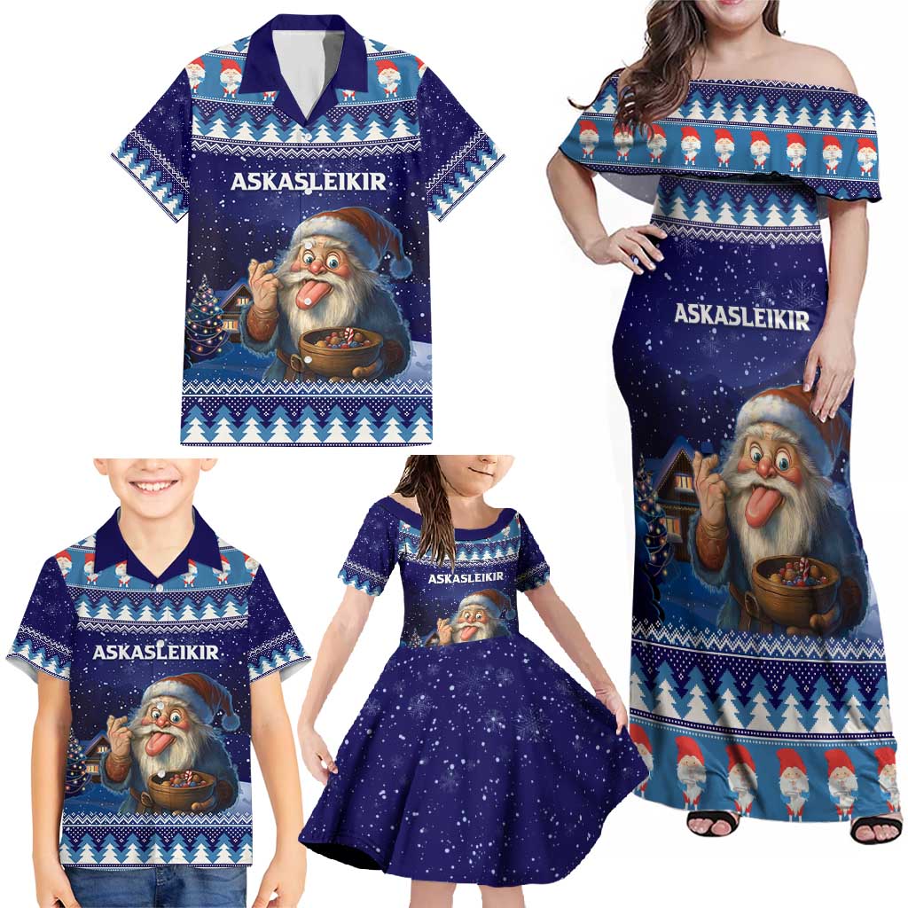 Iceland Christmas Askasleikir Family Matching Off Shoulder Maxi Dress and Hawaiian Shirt The Yule Lads Bowl Licker - Wonder Print Shop