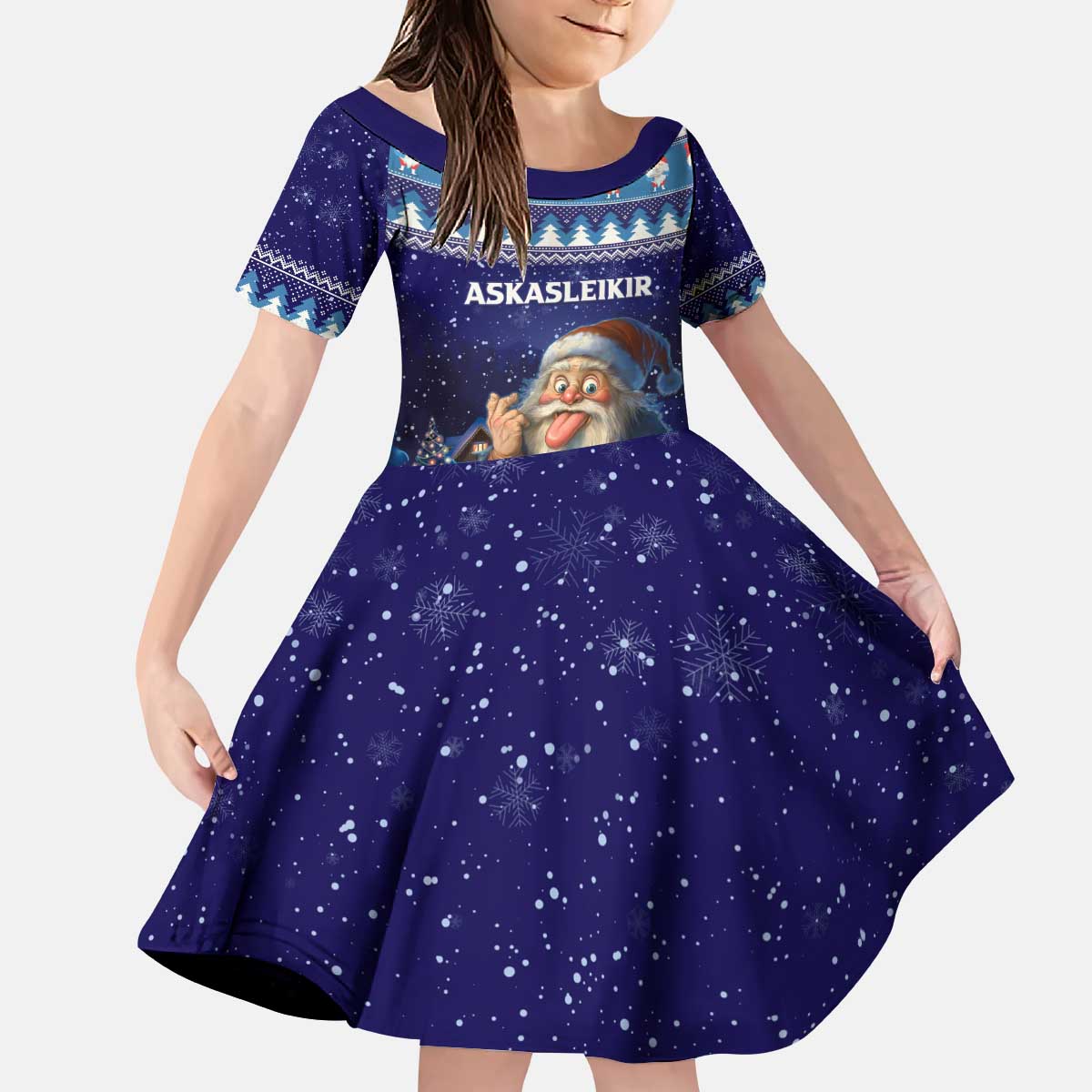 Iceland Christmas Askasleikir Kid Short Sleeve Dress The Yule Lads Bowl Licker - Wonder Print Shop