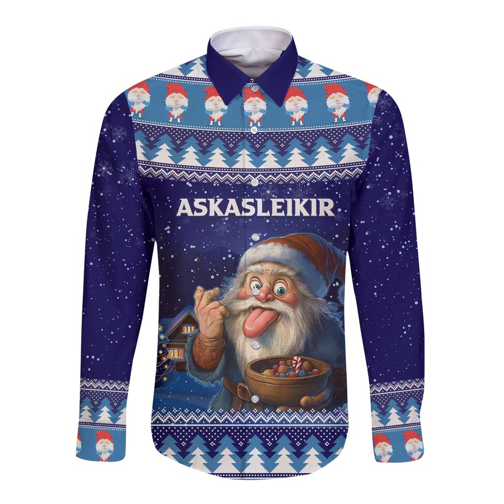 Blue long-sleeve button shirt with festive gnome graphic and snowflake pattern