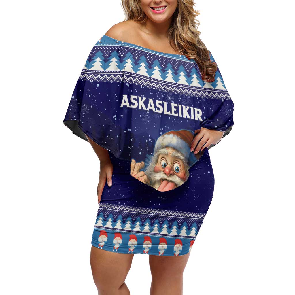 Iceland Christmas Askasleikir Off Shoulder Short Dress The Yule Lads Bowl Licker - Wonder Print Shop