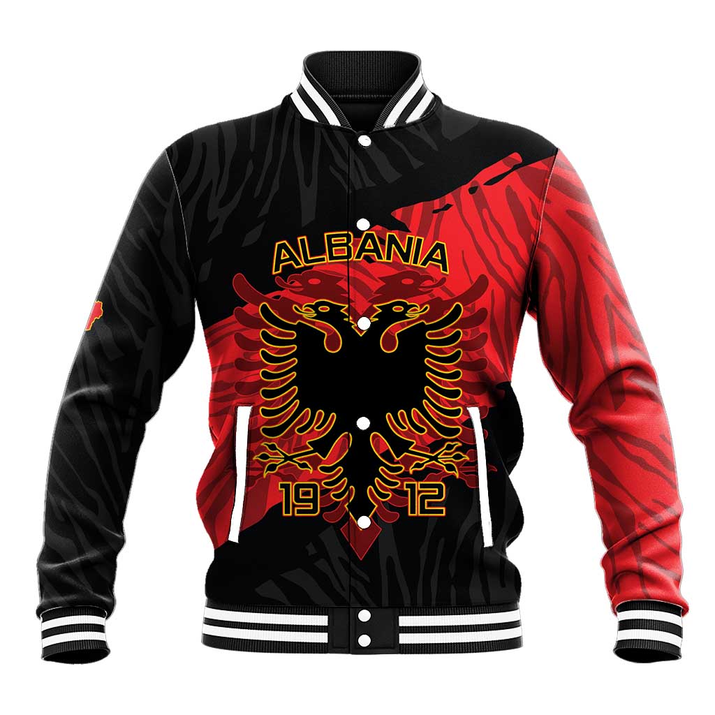 Unisex black and red baseball jacket with Albanian eagle front graphic, snap buttons