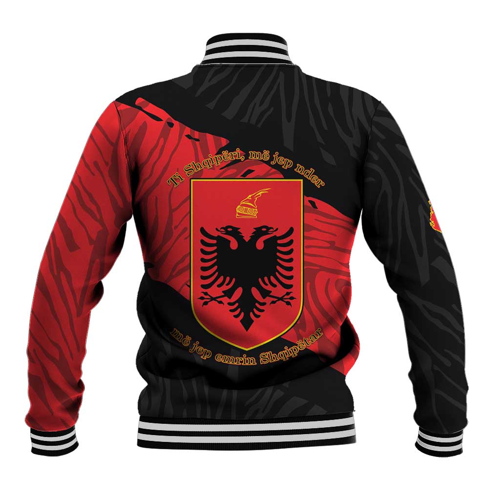 Unisex black and red baseball jacket back with Albanian crest shield, ribbed striped cuffs