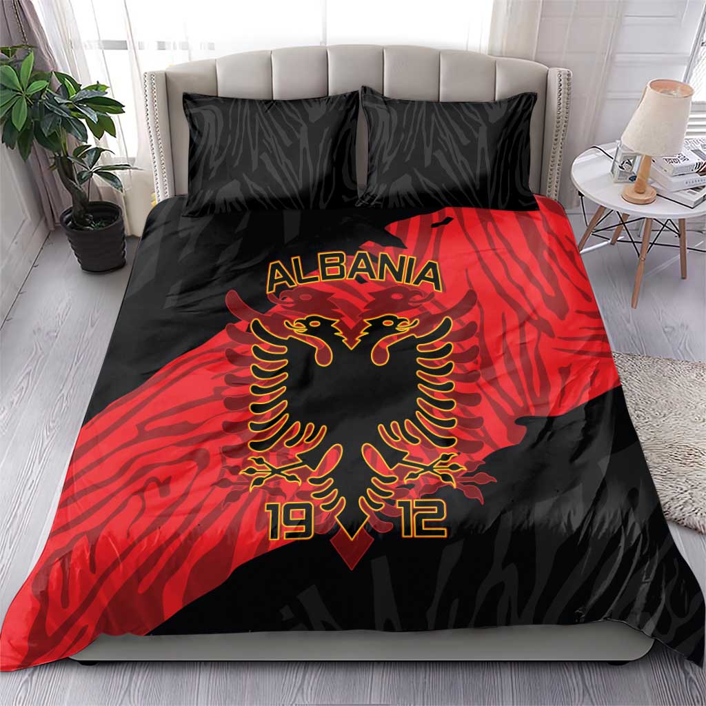 Black and red duvet cover with ALBANIA wordmark and gold eagle emblem, twin pillows