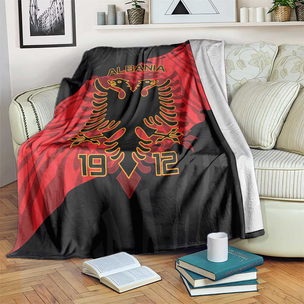 Black and red Albania independence blanket with eagle crest and 1912 graphic