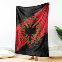 Black and red Albania blanket with eagle crest, ALBANIA text, and 1912