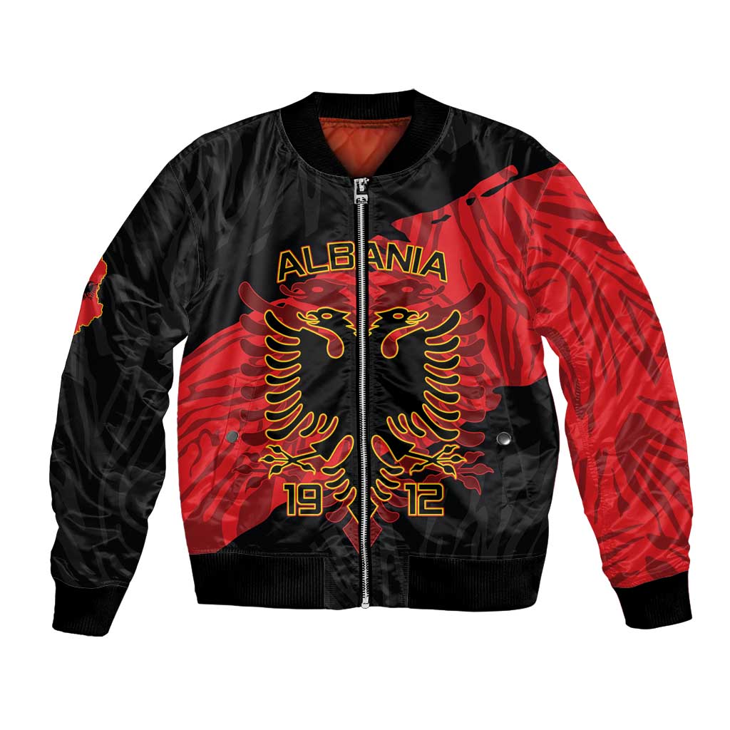 Unisex black bomber jacket with red Albania eagle graphic and ribbed hem and cuffs