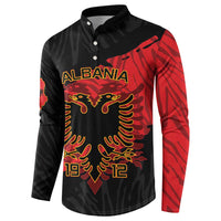 Black long-sleeve button sweatshirt with Albania eagle crest and red plaid-style sleeve