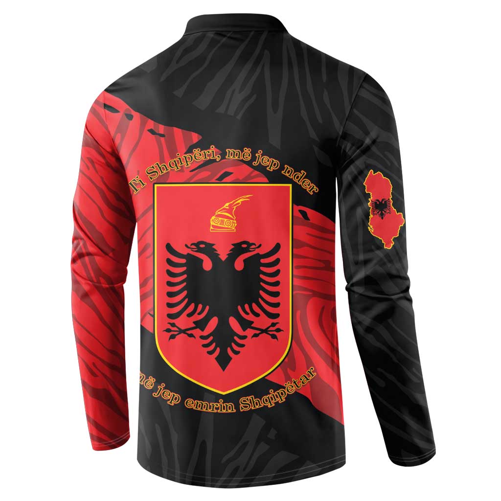 Black long-sleeve button sweatshirt with large shield crest on red-and-black back