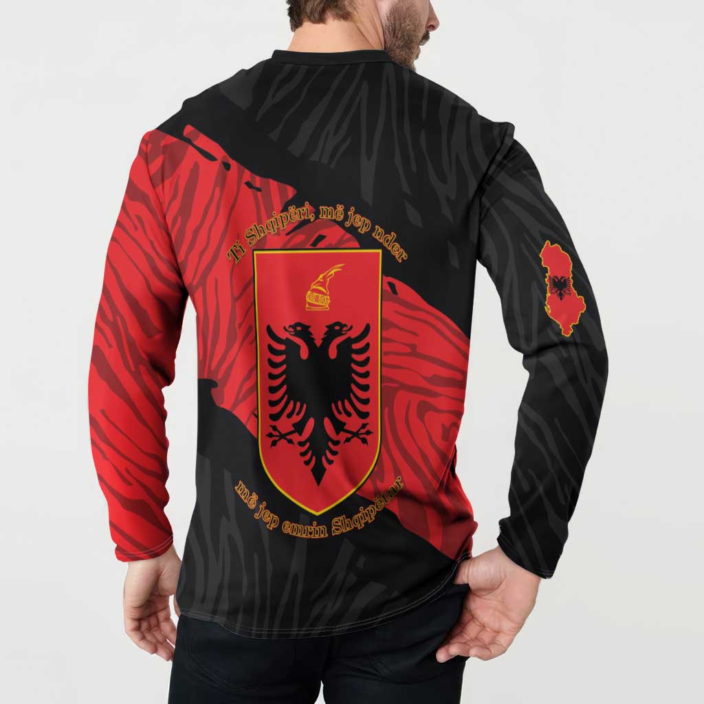 Black long-sleeve button sweatshirt with red back shield crest and Albanian eagle icon