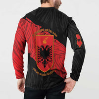 Black long-sleeve button sweatshirt with red back shield crest and Albanian eagle icon