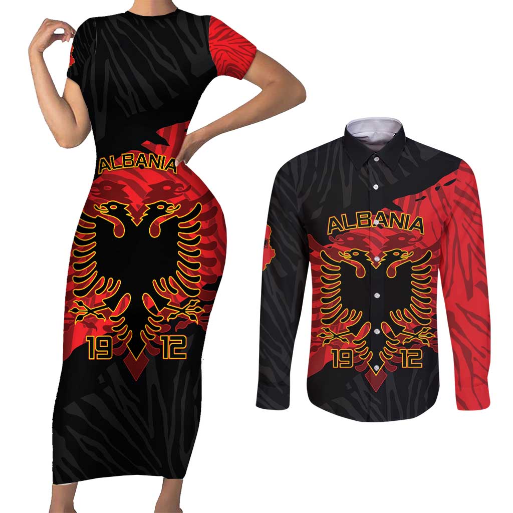 Albania Independence Day Couples Matching Short Sleeve Bodycon Dress and Long Sleeve Button Shirt Albanian Eagle - Grunge Style - Wonder Print Shop