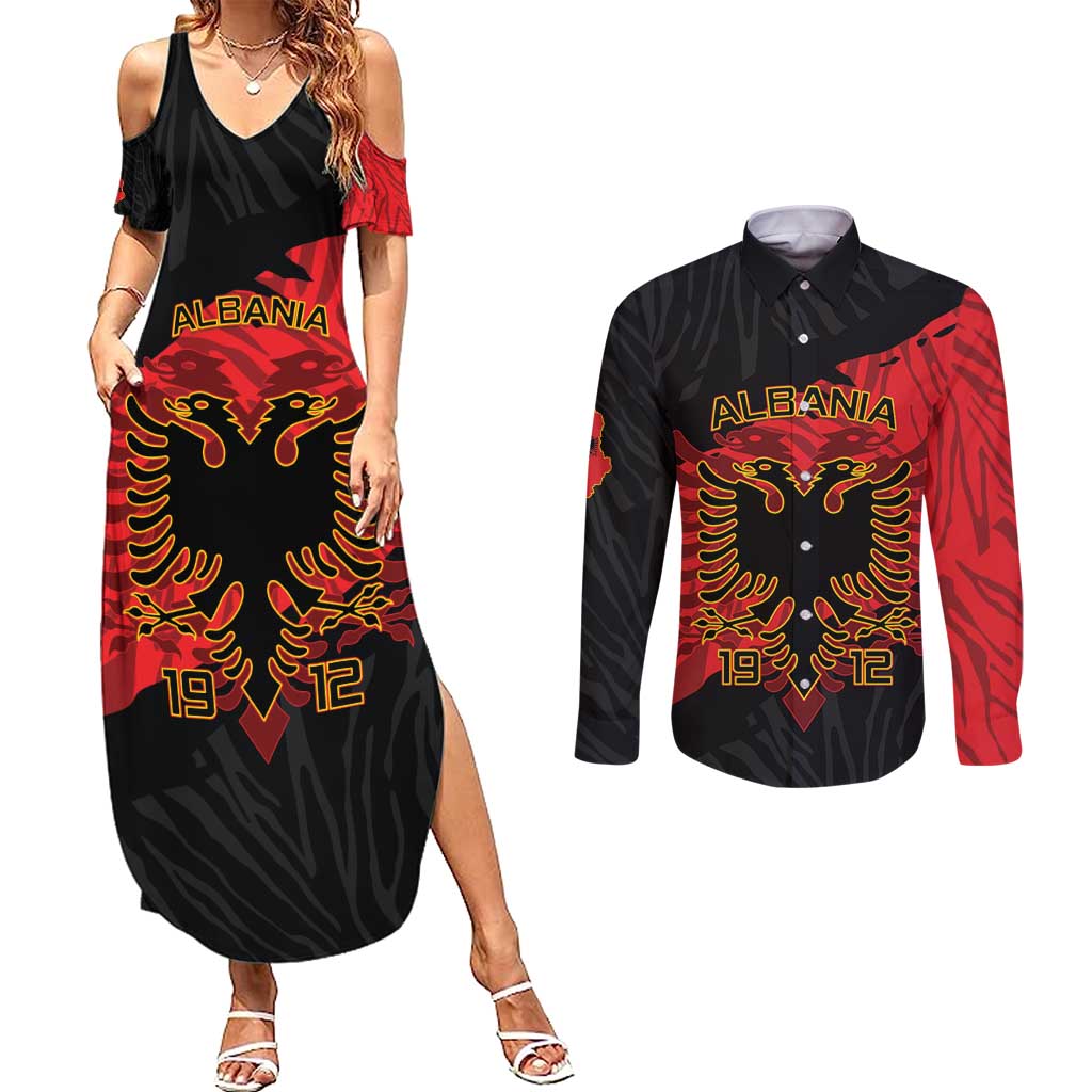 Albania Independence Day Couples Matching Summer Maxi Dress and Long Sleeve Button Shirt Albanian Eagle - Grunge Style - Wonder Print Shop