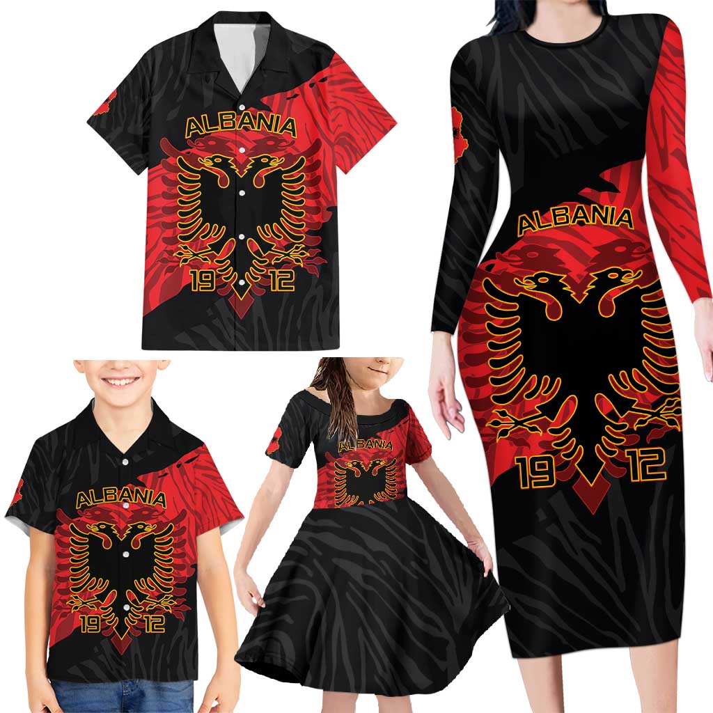 Albania Independence Day Family Matching Long Sleeve Bodycon Dress and Hawaiian Shirt Albanian Eagle - Grunge Style - Wonder Print Shop