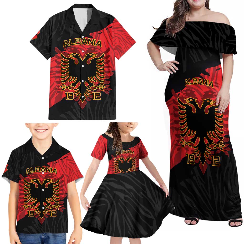 Albania Independence Day Family Matching Off Shoulder Maxi Dress and Hawaiian Shirt Albanian Eagle - Grunge Style - Wonder Print Shop