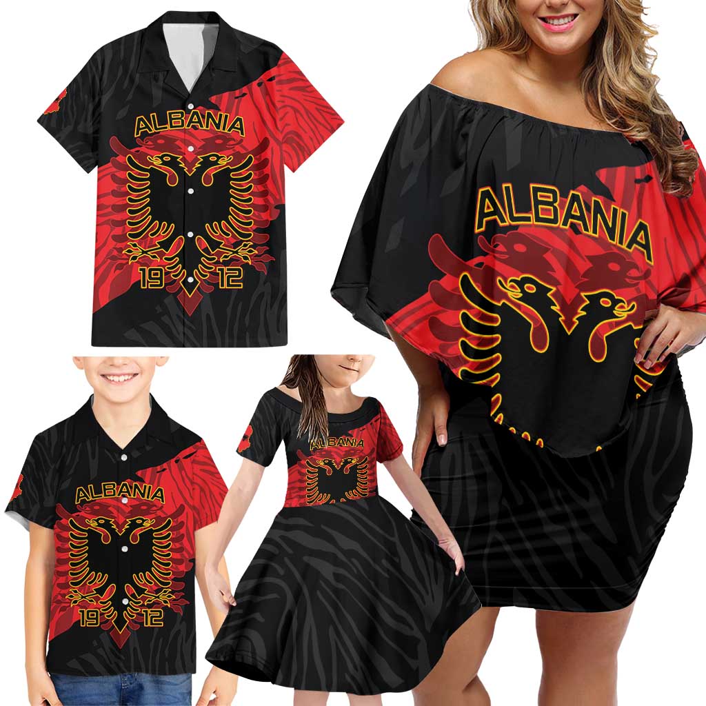 Albania Independence Day Family Matching Off Shoulder Short Dress and Hawaiian Shirt Albanian Eagle - Grunge Style - Wonder Print Shop