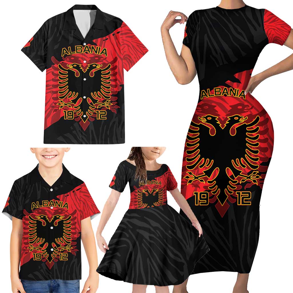 Albania Independence Day Family Matching Short Sleeve Bodycon Dress and Hawaiian Shirt Albanian Eagle - Grunge Style - Wonder Print Shop