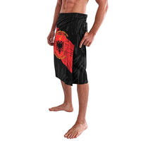 Men's black sarong skirt with red eagle crest and diagonal stripe panel