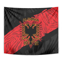 Close-up black and red Albania eagle tapestry with ALBANIA text and 1912/2019 numbers