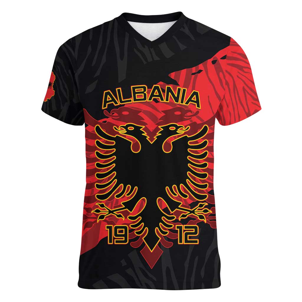 Albania Independence Day Women V-Neck T-Shirt Albanian Eagle - Grunge Style - Wonder Print Shop