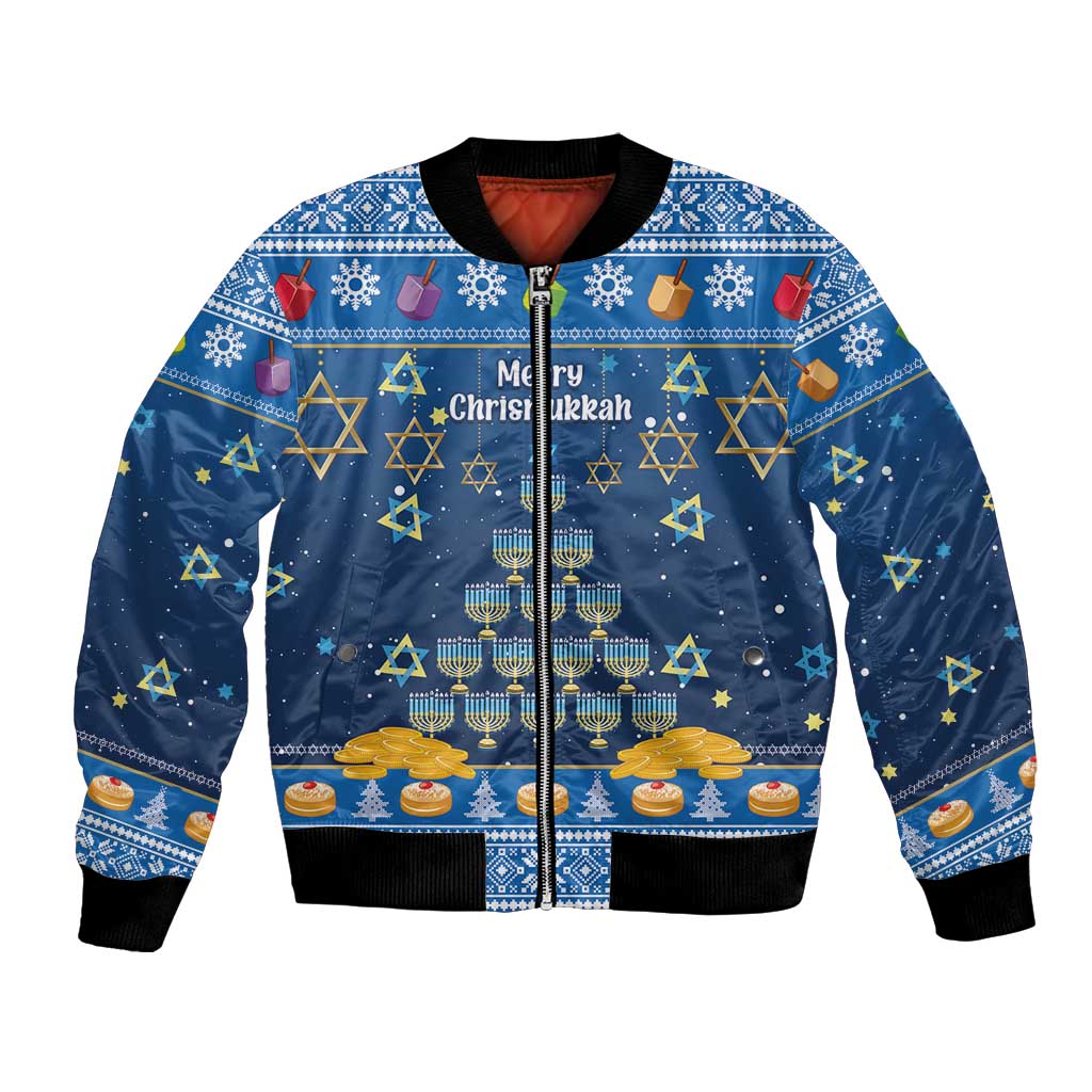 Dark blue unisex bomber jacket with festive menorah, stars and zipper front