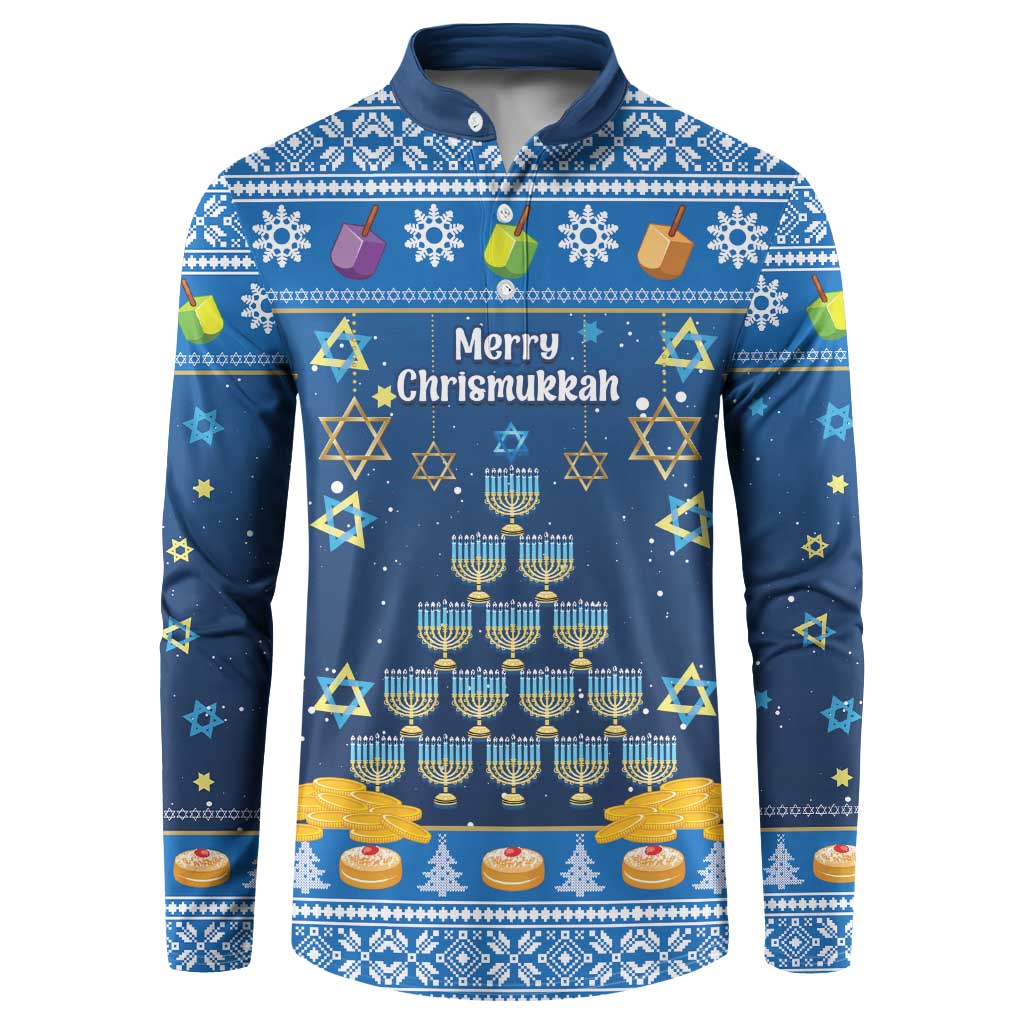 Dark blue quarter-button sweatshirt with Hanukkah and Christmas-themed holiday print