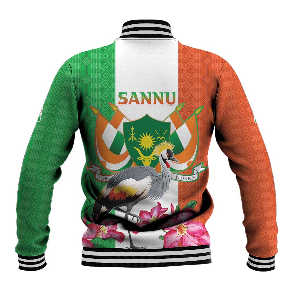 Green and orange varsity baseball jacket, back view with crane and flower graphic, striped trim