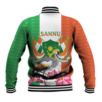 Green and orange varsity baseball jacket, back view with crane and flower graphic, striped trim