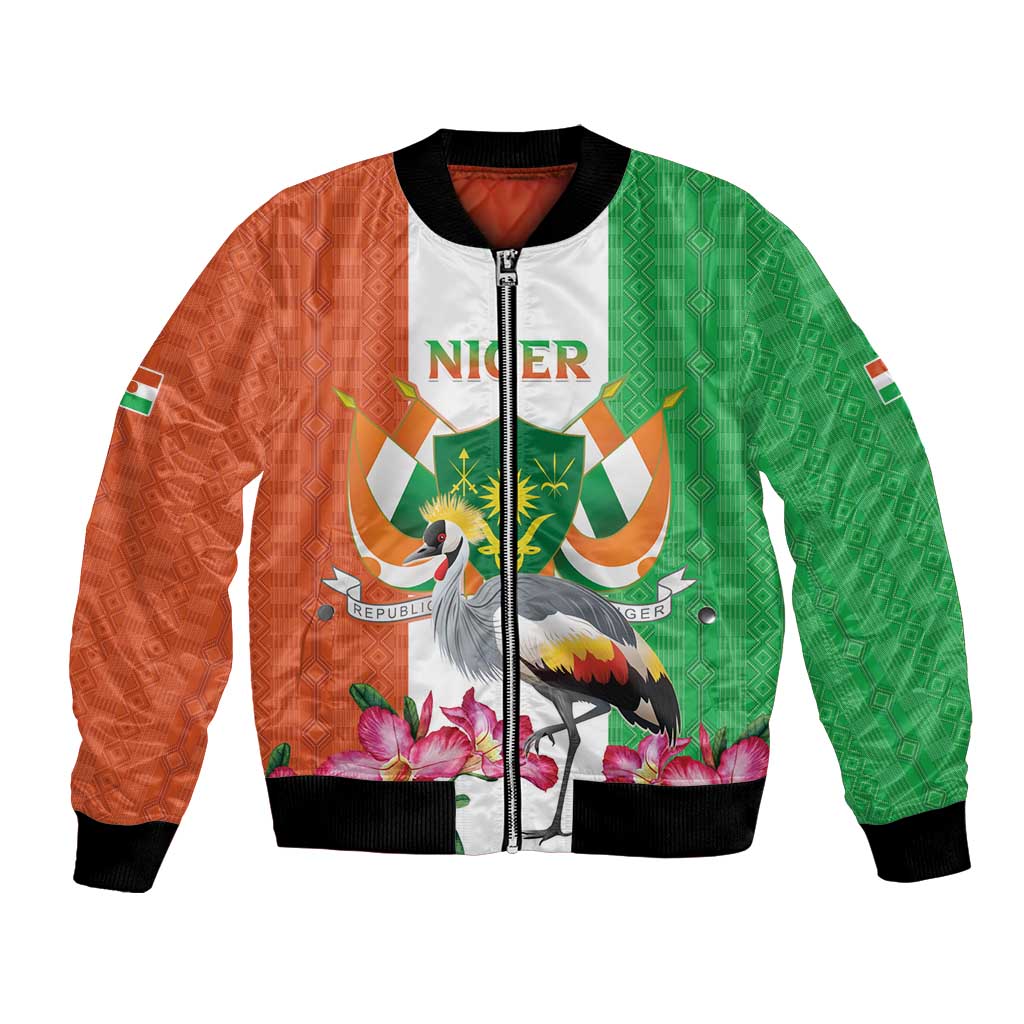 Unisex bomber jacket with front zipper, black ribbed cuffs, green/orange crane crest print