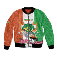 Unisex bomber jacket with front zipper, black ribbed cuffs, green/orange crane crest print