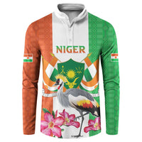 Color-block button sweatshirt with white collar, Niger crest crane and pink flowers, orange/green