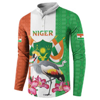 Button-front sweatshirt with white collar, Niger crest crane and pink flowers, orange and green