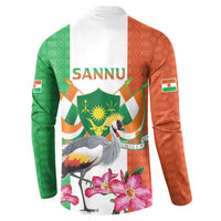 Back view button sweatshirt with “SANNU” text, Niger crest crane and pink flowers, orange/green