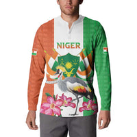 Men’s button sweatshirt with white collar, Niger crest crane and pink flowers, orange/green front