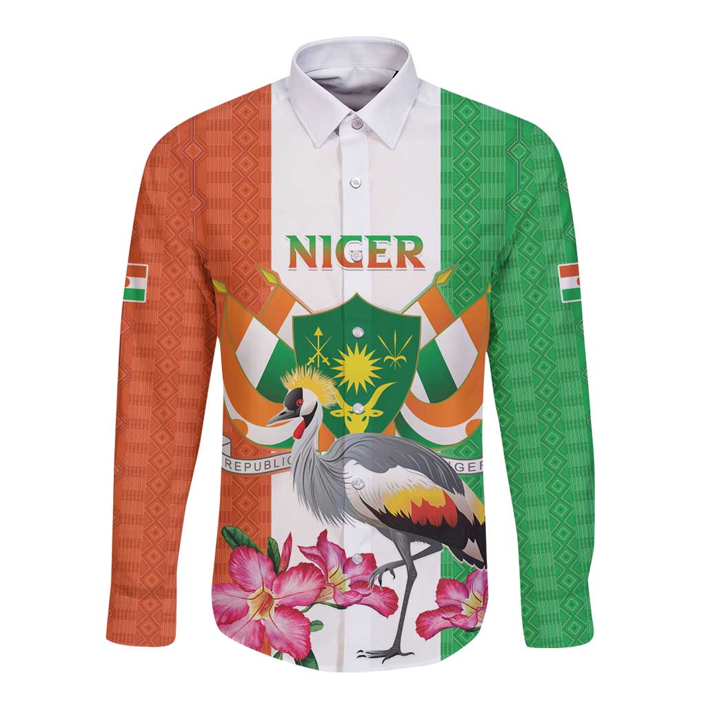 Long-sleeve button shirt with green and orange kente panels, crane crest and floral print