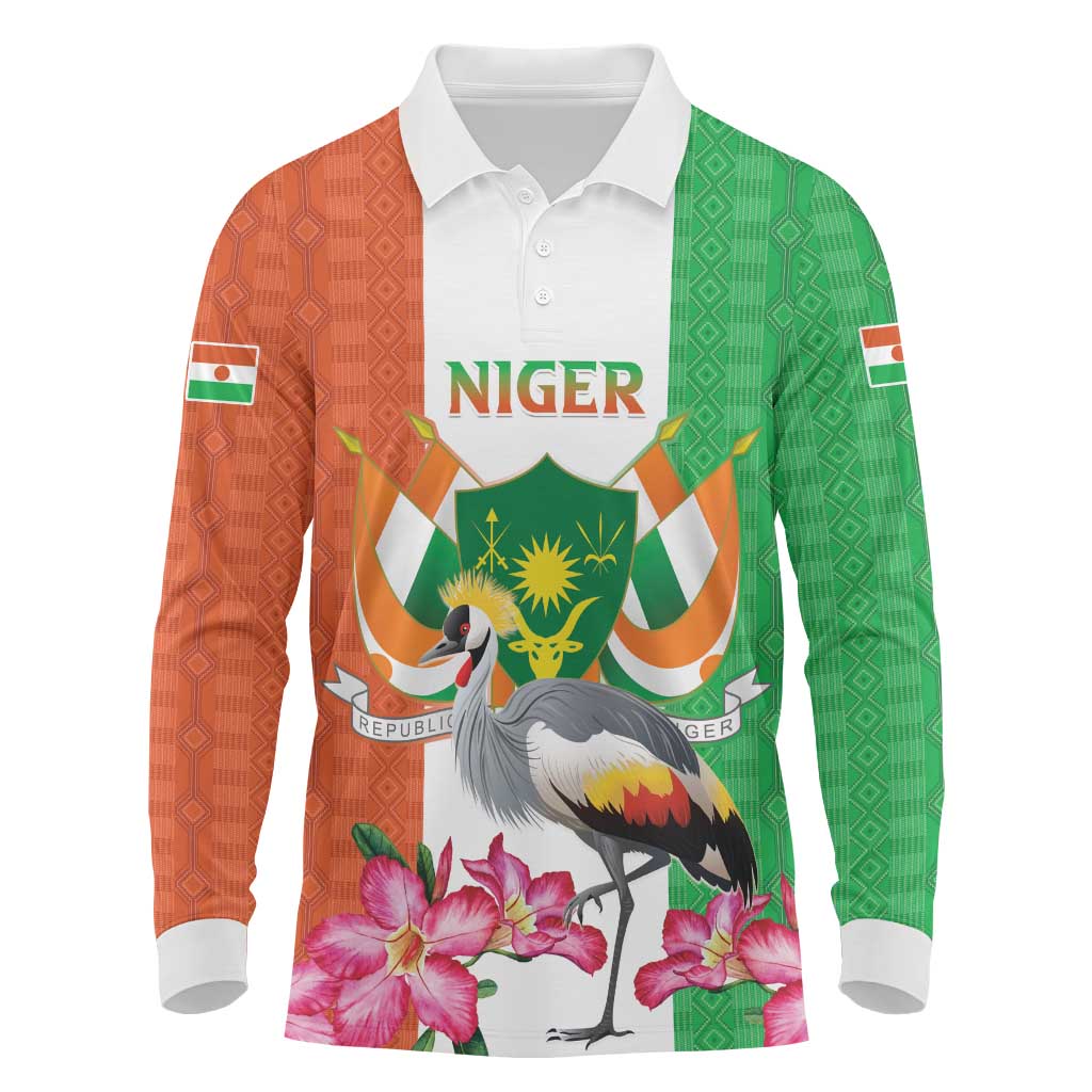 Niger Black-Crowned Crane Long Sleeve Polo Shirt Coat Of Arms - Kente Pattern