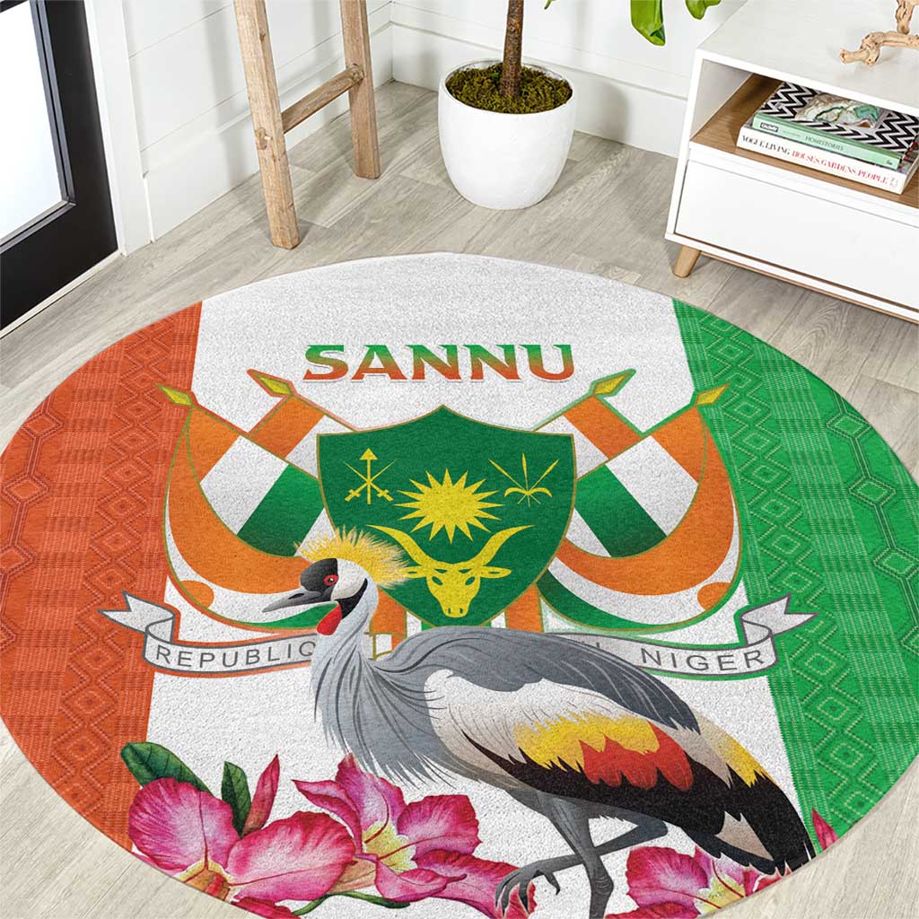 Niger Black-Crowned Crane Round Carpet Coat Of Arms - Kente Pattern