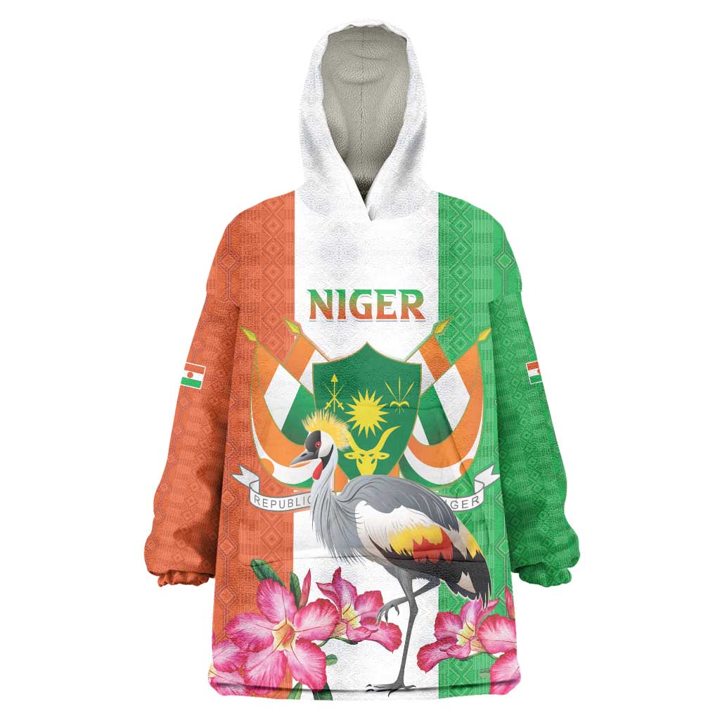 Niger Black-Crowned Crane Wearable Blanket Hoodie Coat Of Arms - Kente Pattern