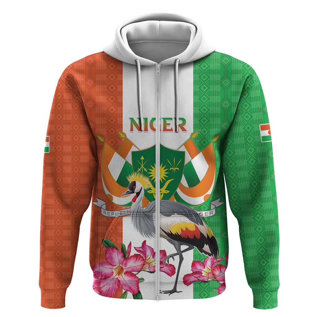 Niger Black-Crowned Crane Zip Hoodie Coat Of Arms - Kente Pattern - Wonder Print Shop