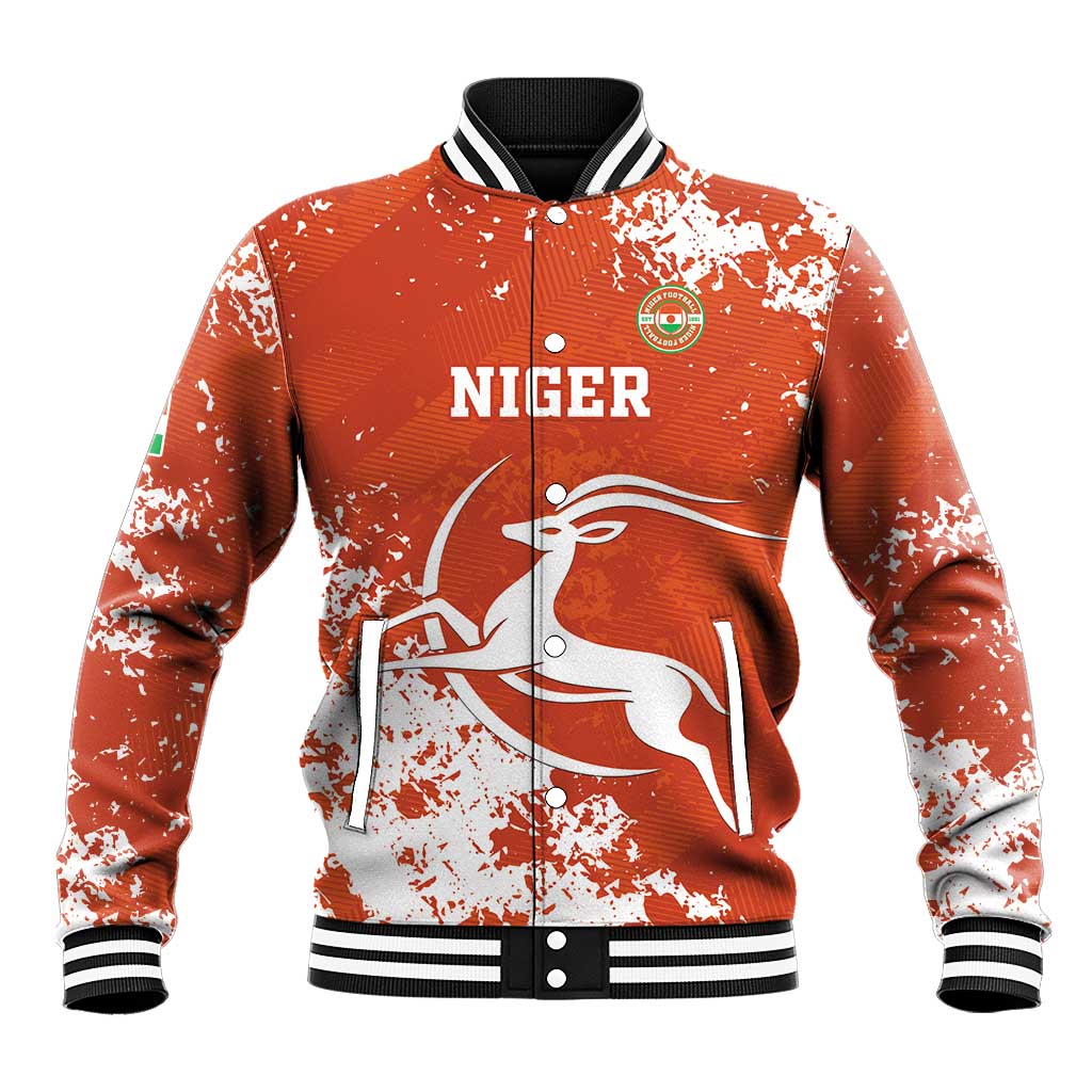 Orange baseball jacket with ribbed collar, button front, NIGER graphic and white splatter