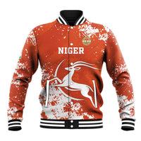 Orange baseball jacket with ribbed collar, button front, NIGER graphic and white splatter