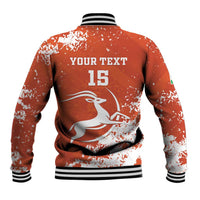 Orange baseball jacket back with YOUR TEXT and 15, ribbed hem, animal graphic