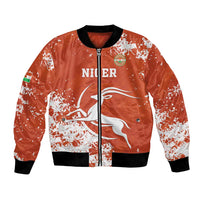 Orange bomber jacket with black ribbed cuffs, full-zip front, and white Niger emblem graphic