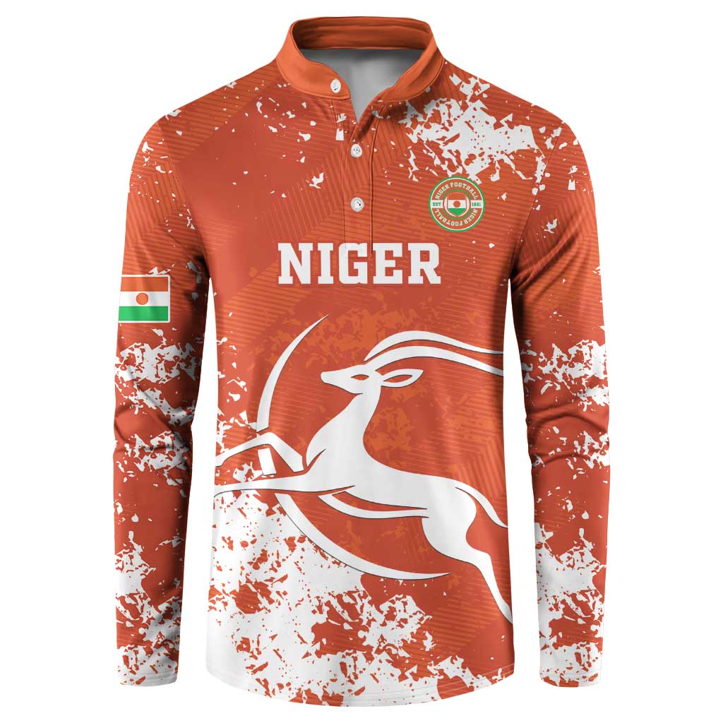 Orange button-up sweatshirt with large 'NIGER' front graphic and antelope emblem