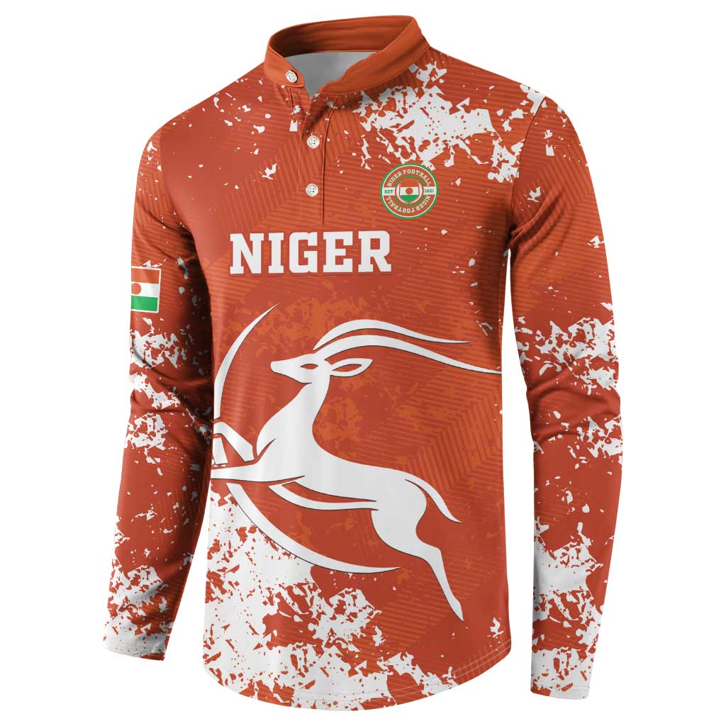 Orange button-up sweatshirt with 'NIGER' front print and sleeve flag patch
