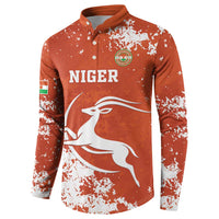 Orange button-up sweatshirt with 'NIGER' front print and sleeve flag patch