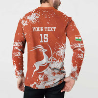 Orange button-up sweatshirt back 'YOUR TEXT' 15 with antelope graphic and flag patch
