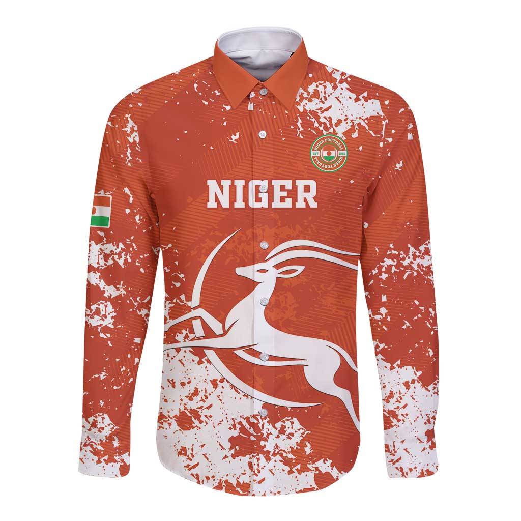 Orange long-sleeve football button shirt with collar and front team graphic and crest